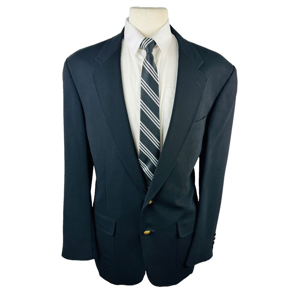 VINTAGE LANDS END Mens 42L Black Wool Gold Button Blazer Sport Coat Suit Jacket